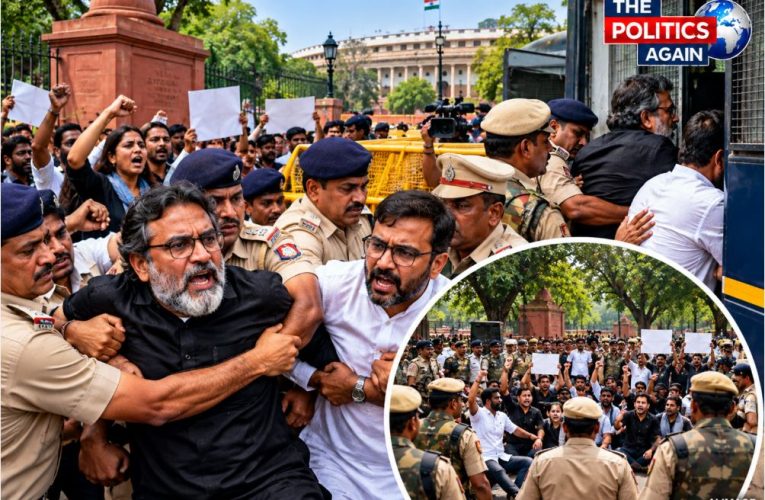 CJP workers protesting and breaching police barricades at Jantar Mantar, Delhi.