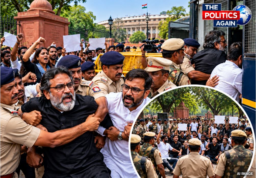 CJP workers protesting and breaching police barricades at Jantar Mantar, Delhi.