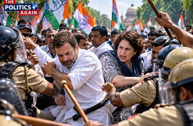 Indian Congress party nationwide protest, Delhi police lathicharge politicians, Rahul Gandhi protesting barricades, Indian political workers protesting, Black Day Indian politics