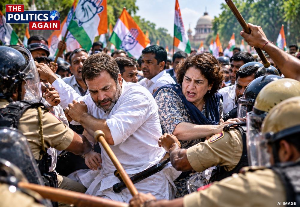 Indian Congress party nationwide protest, Delhi police lathicharge politicians, Rahul Gandhi protesting barricades, Indian political workers protesting, Black Day Indian politics