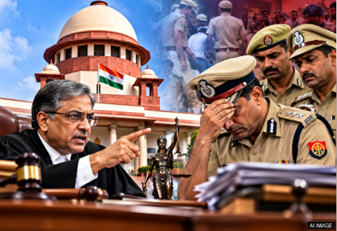 Supreme Court of India building, UP police station, judge gavel in court, angry judge, police investigating case India