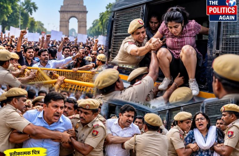 Delhi police detaining AAP leaders, Saurabh Bhardwaj protest Delhi, RAF forces Jantar Mantar, Indian protesters climbing police barricades