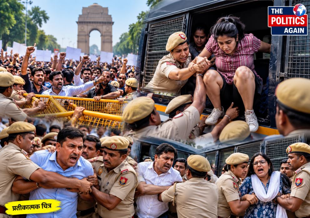 Delhi police detaining AAP leaders, Saurabh Bhardwaj protest Delhi, RAF forces Jantar Mantar, Indian protesters climbing police barricades