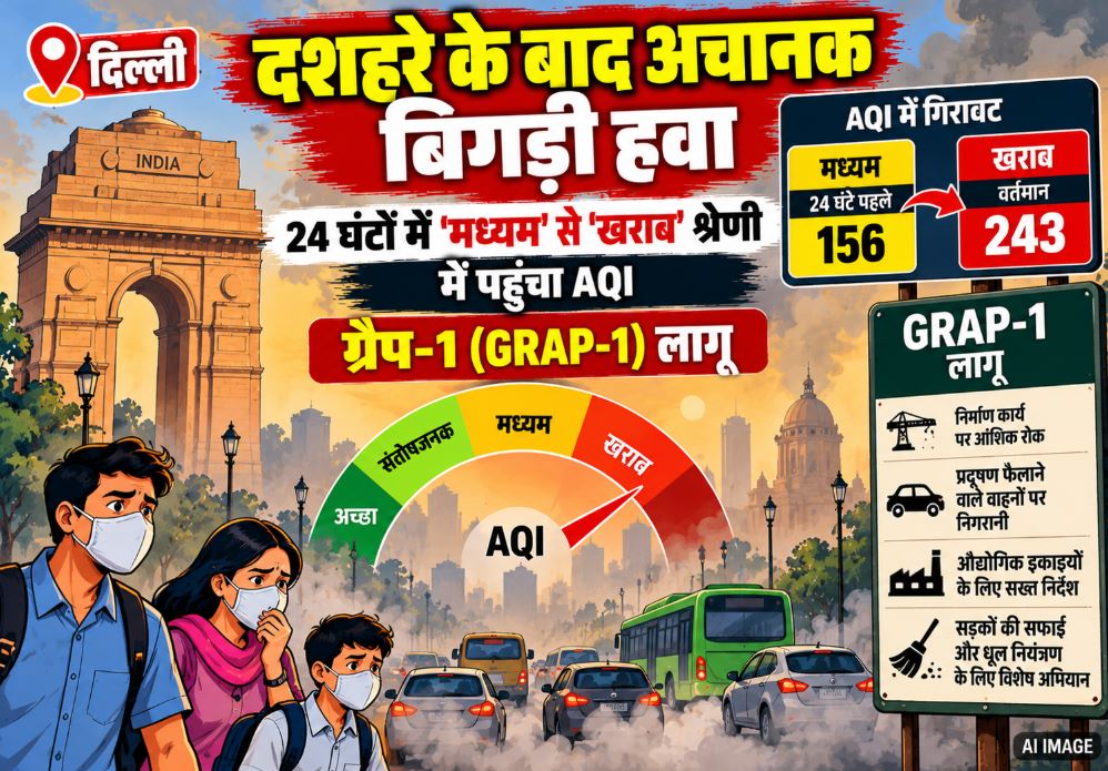 Hazy smog covers the Delhi skyline as AQI drops to the 'Poor' category