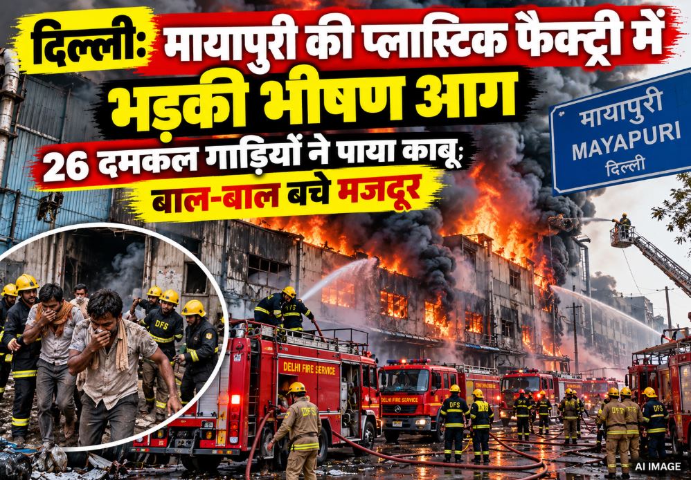 Firefighters struggling to extinguish a massive fire at a plastic factory in Delhi's Mayapuri industrial area