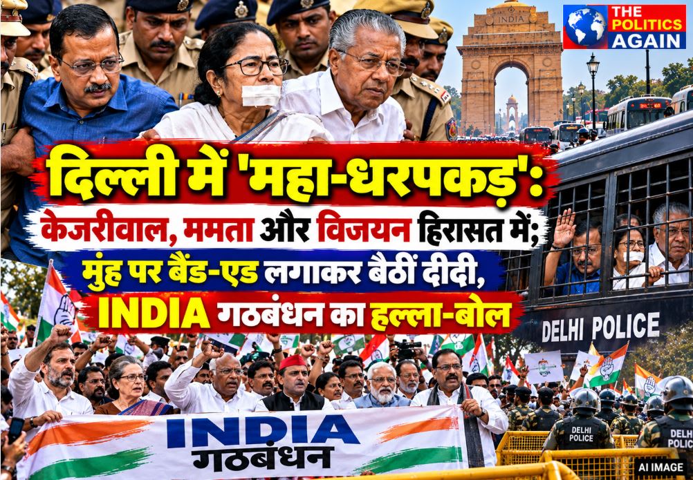 Top political leaders including Arvind Kejriwal and Mamata Banerjee protesting and being detained by Delhi Police.