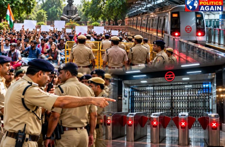 Delhi police barricading Metro station, DMRC gate closed security, Indian youth protest Jantar Mantar, Dhruv Rathee political rally, Delhi security high alert protest