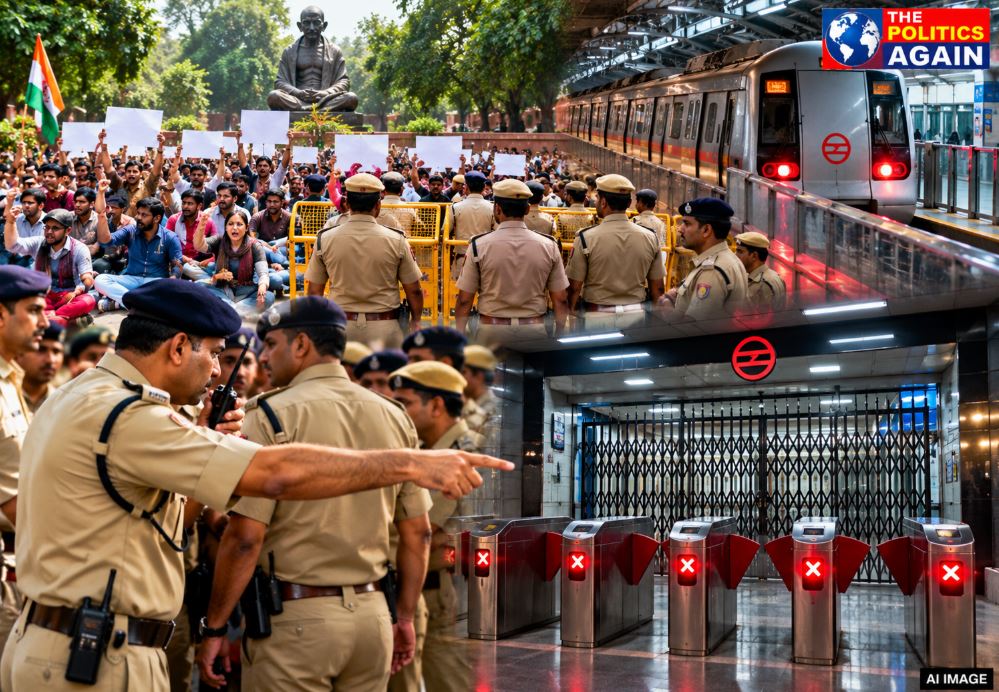 Delhi police barricading Metro station, DMRC gate closed security, Indian youth protest Jantar Mantar, Dhruv Rathee political rally, Delhi security high alert protest