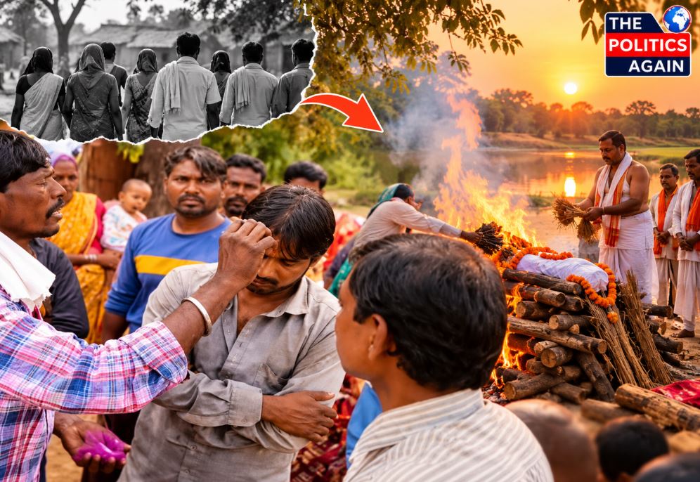 VHP leaders meeting villagers, Hindu rituals funeral India, Ghar Wapsi ceremony Chhattisgarh, Indian village panchayat meeting