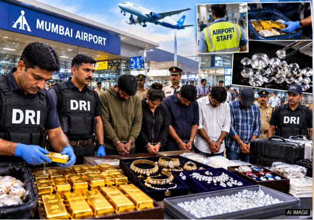DRI officers with seized gold, gold dust in wax capsules, custom officers Indian airport, diamond seizure India, smuggling airport staff