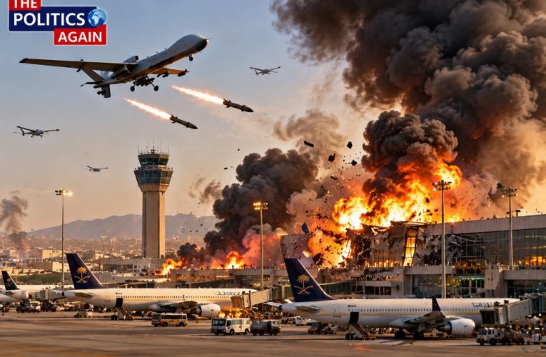 Saudi Arabia airport explosion, Houthi rebel missile launch, Saudi military defending airport, middle east war conflict, drone attack oil facility