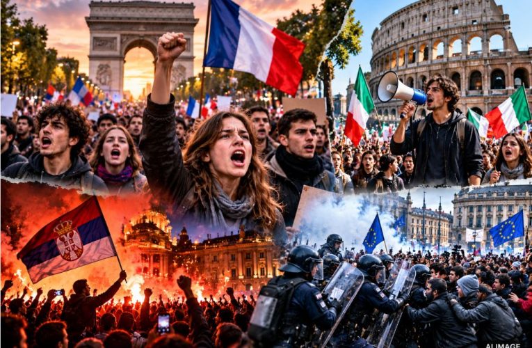Thousands of youth and students protesting on the streets of Europe against inflation, unemployment, and government corruption