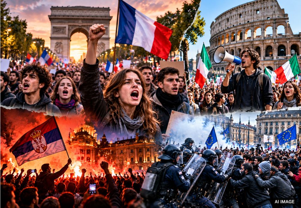Thousands of youth and students protesting on the streets of Europe against inflation, unemployment, and government corruption