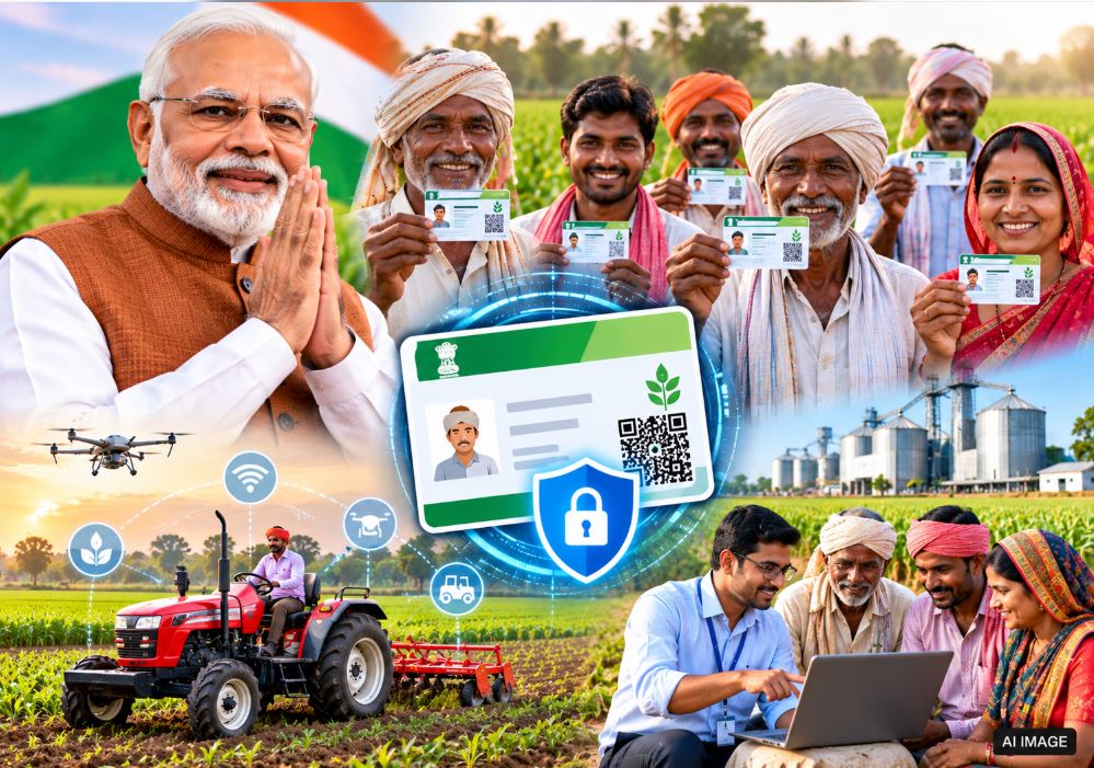 PM Narendra Modi and Agriculture Minister Shivraj Singh Chouhan highlighting the achievement of 11 crore Farmer IDs