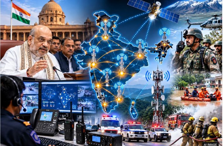 Conceptual graphic of the BB-PPDR network connecting police, NDRF, and fire services for the Ministry of Home Affairs