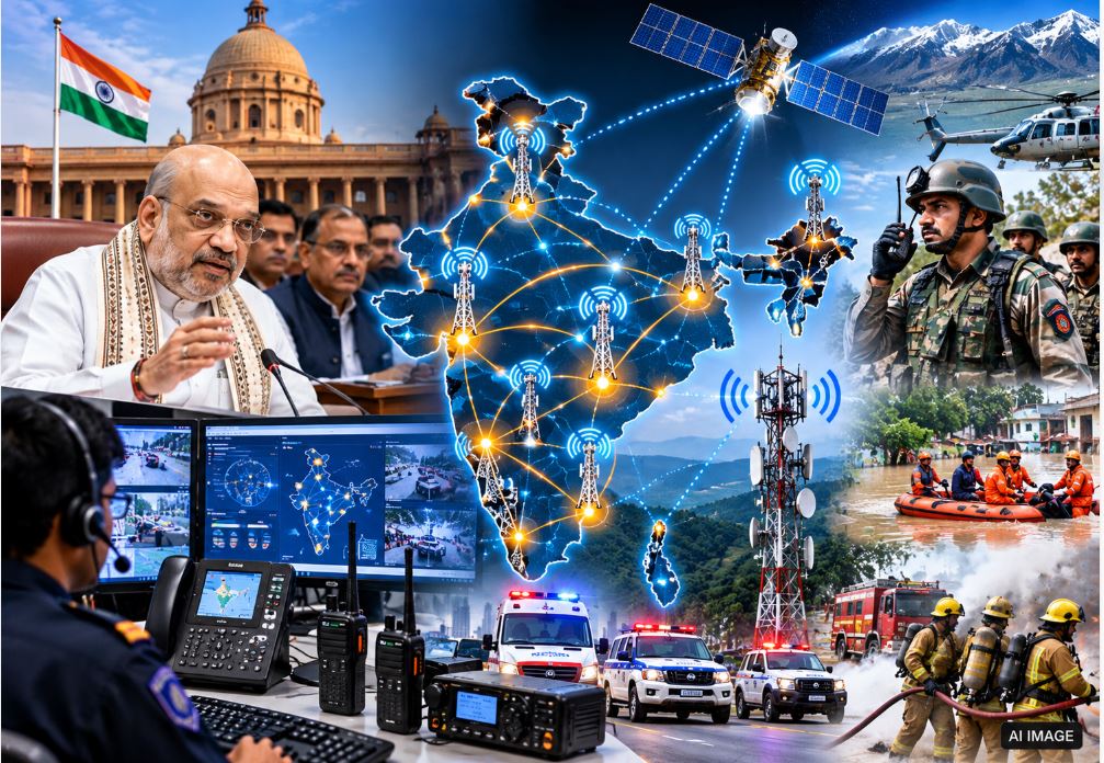 Conceptual graphic of the BB-PPDR network connecting police, NDRF, and fire services for the Ministry of Home Affairs