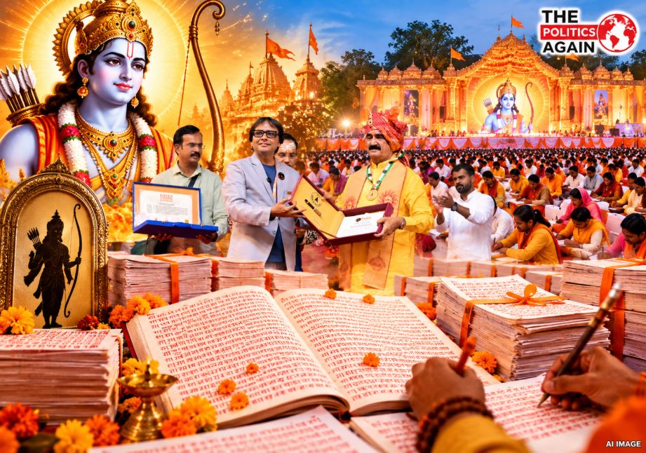 जौनपुर में श्रीराम कथा के दौरान 11 करोड़ बार राम नाम लिखने का वर्ल्ड रिकॉर्ड, ज्ञान प्रकाश सिंह को प्रमाण पत्र सौंपते प्रतिनिधि।