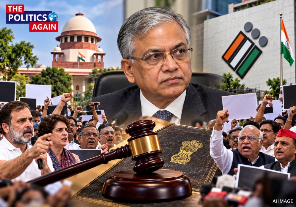 Election Commission of India building, Indian parliament constitution book, CEC India removal process, Opposition protest Jantar Mantar Delhi, Indian election voting symbol