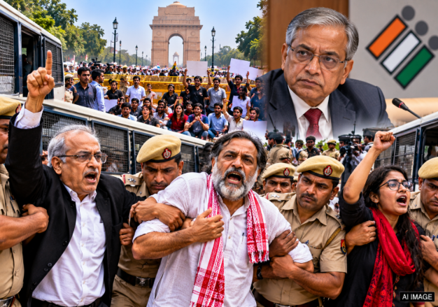 Delhi police detaining protesters, Jantar Mantar protest barricades, Prashant Bhushan Yogendra Yadav protest, Indian riot police Delhi