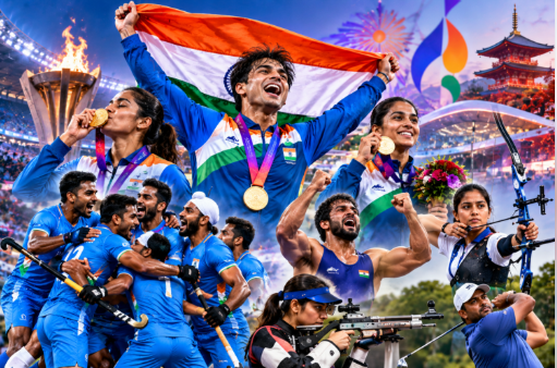 Indian hockey team winning gold, Indian athletes holding tricolor, Asian games medal ceremony India, Aman Sehrawat wrestling, Pranavi Urs golf
