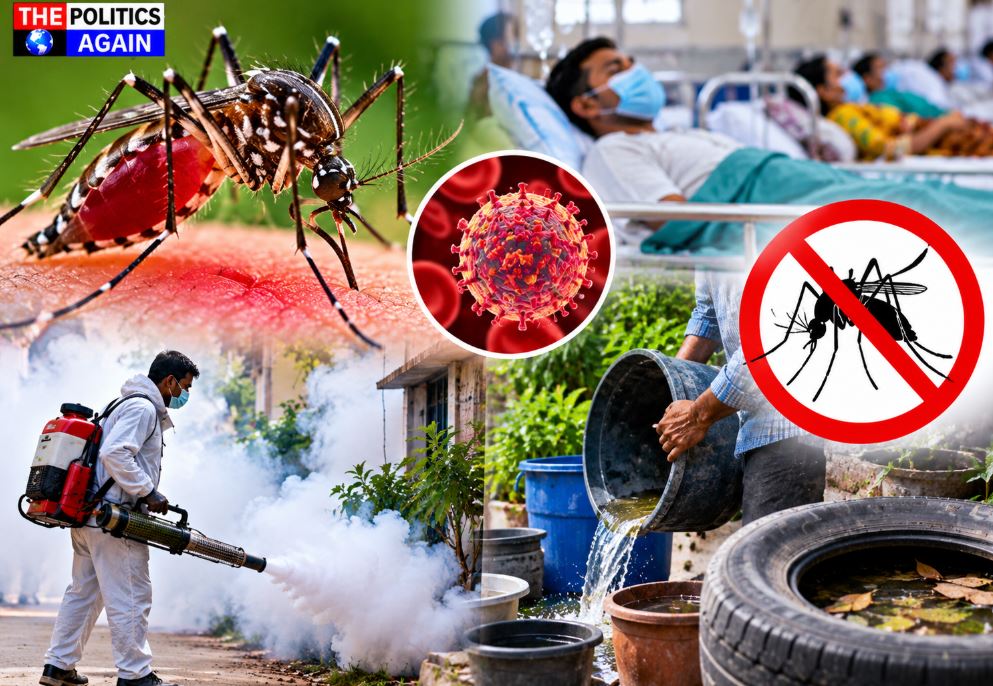 Dengue mosquito illustration, health worker fogging in street India, doctor treating fever patient, clean water cooler dengue prevention
