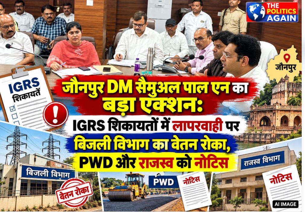 District Magistrate Samuel Paul N chairing the IGRS review meeting at Collectorate Auditorium in Jaunpur.
