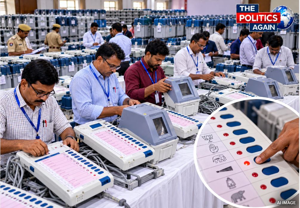 District Election Officials overseeing the First Level Checking (FLC) of EVMs and VVPATs in Jaunpur.