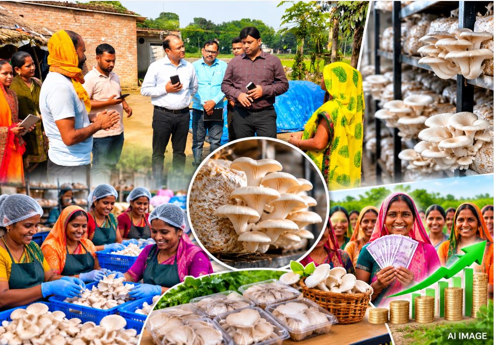 CDO Jaunpur inspecting mushroom farming by a women's self-help group in Nari village.