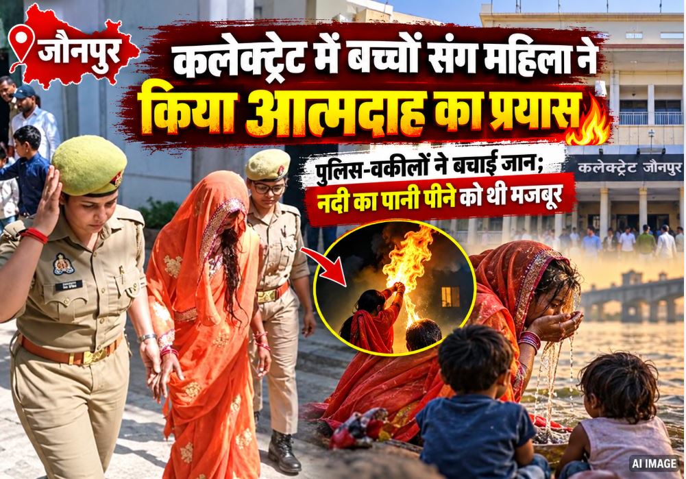 A distressed woman and her children being stopped from self-immolation by police at Jaunpur Collectorate.