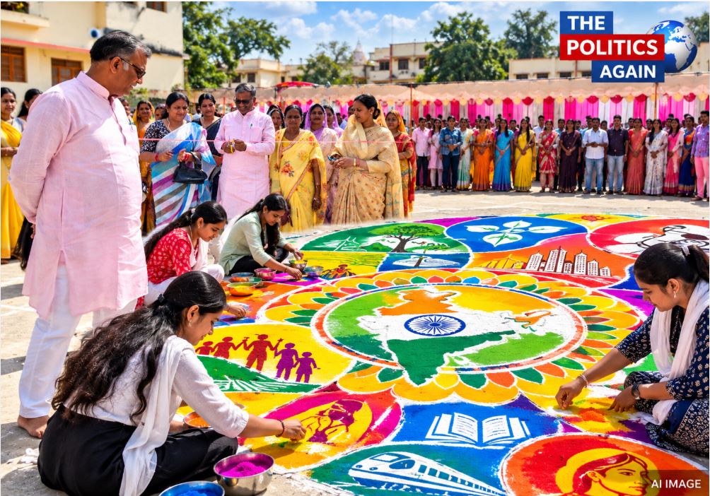 State Minister Girish Chandra Yadav inspecting Rangolis at TD College, Jaunpur.