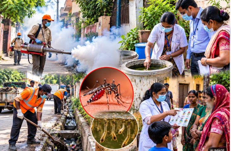 Medical officials and civic workers conducting fogging and awareness campaigns for communicable disease control in Jaunpur.