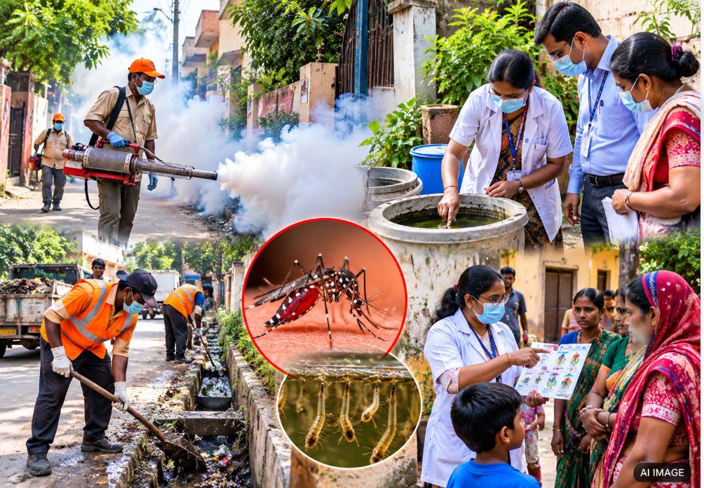 Medical officials and civic workers conducting fogging and awareness campaigns for communicable disease control in Jaunpur.