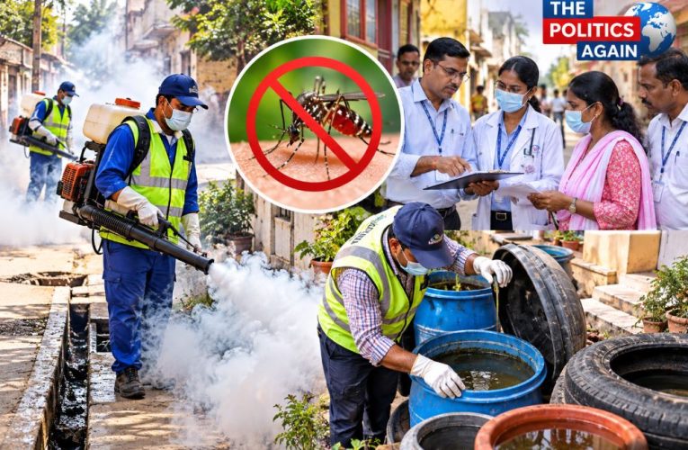 Health and municipal workers conducting anti-larval spraying and cleaning in Jaunpur.