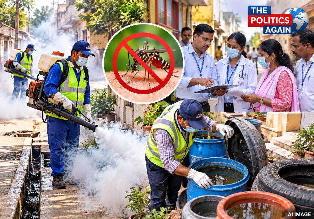 Health and municipal workers conducting anti-larval spraying and cleaning in Jaunpur.