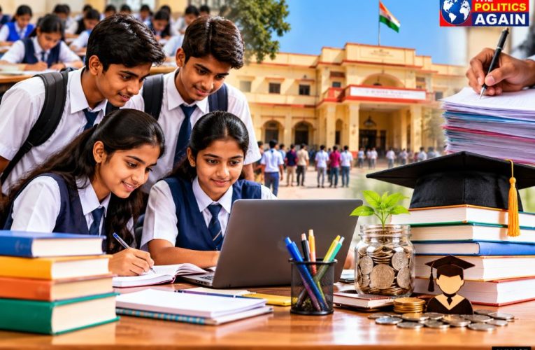 Indian students using laptop for form filling, UP scholarship portal homepage, Indian school students UP board, computer center students applying form, UP government scholarship scheme
