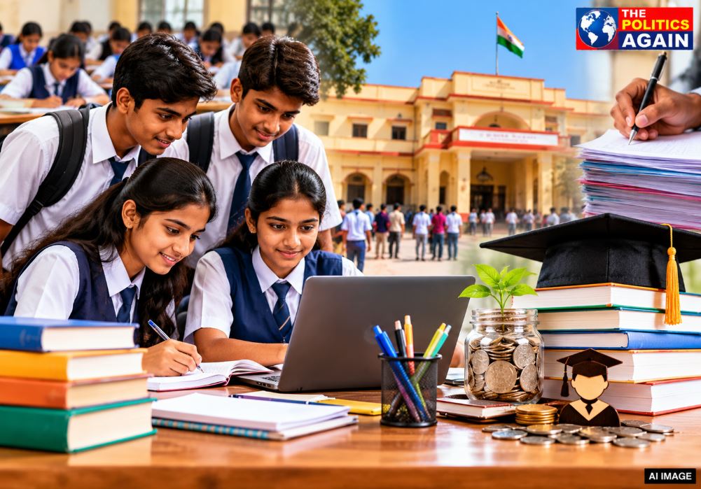Indian students using laptop for form filling, UP scholarship portal homepage, Indian school students UP board, computer center students applying form, UP government scholarship scheme
