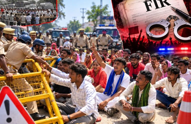crowd protesting on road UP, Jaunpur police controlling mob, police barricade broken India, UP police lathi charge, Indian protesters road block
