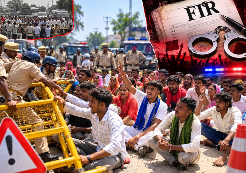 crowd protesting on road UP, Jaunpur police controlling mob, police barricade broken India, UP police lathi charge, Indian protesters road block