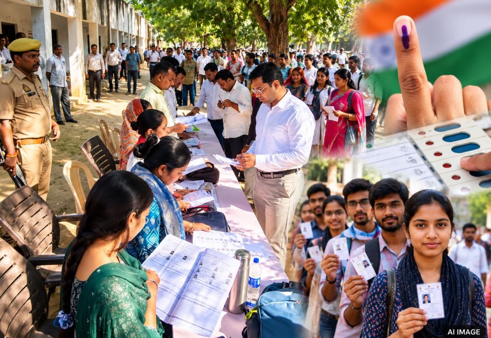 District Election Officer Samuel Paul N inspecting a voter registration camp at a primary school in Jaunpur.