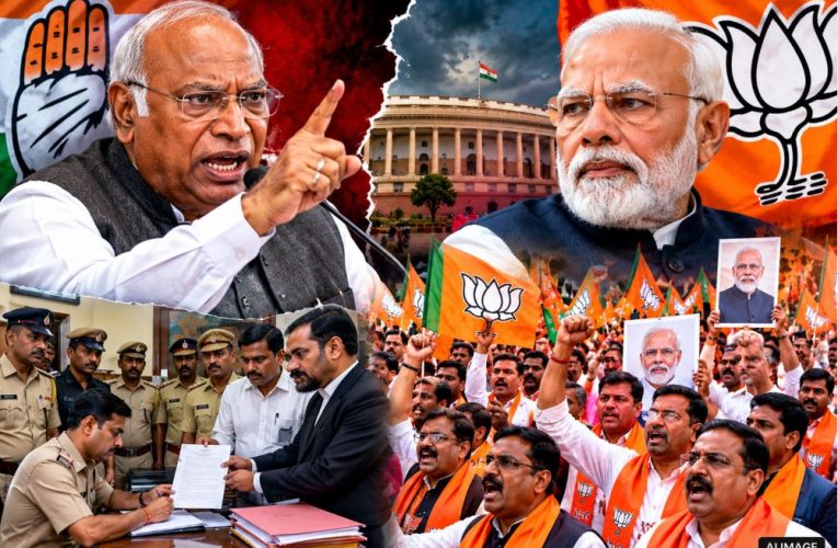 BJP workers protesting against Congress President Mallikarjun Kharge's controversial remark on PM Modi.
