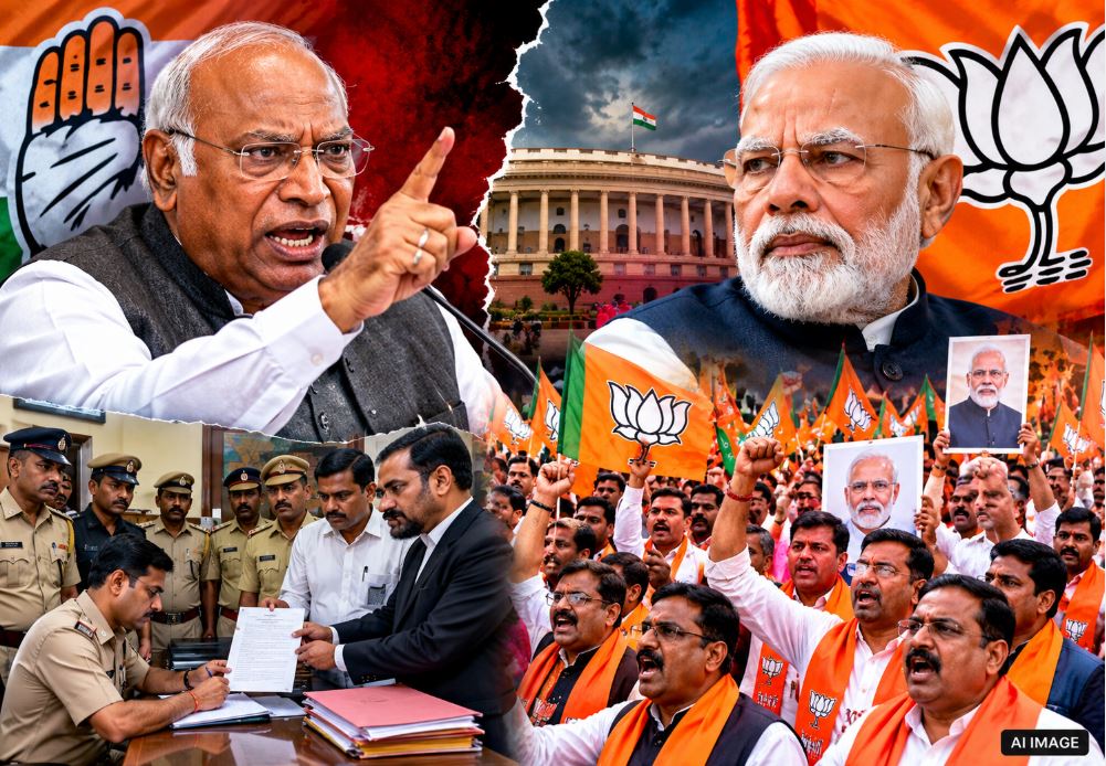 BJP workers protesting against Congress President Mallikarjun Kharge's controversial remark on PM Modi.