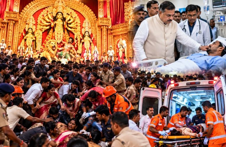 Crowded Chor Bagan Durga Puja Pandal in Kolkata where a stampede occurred.