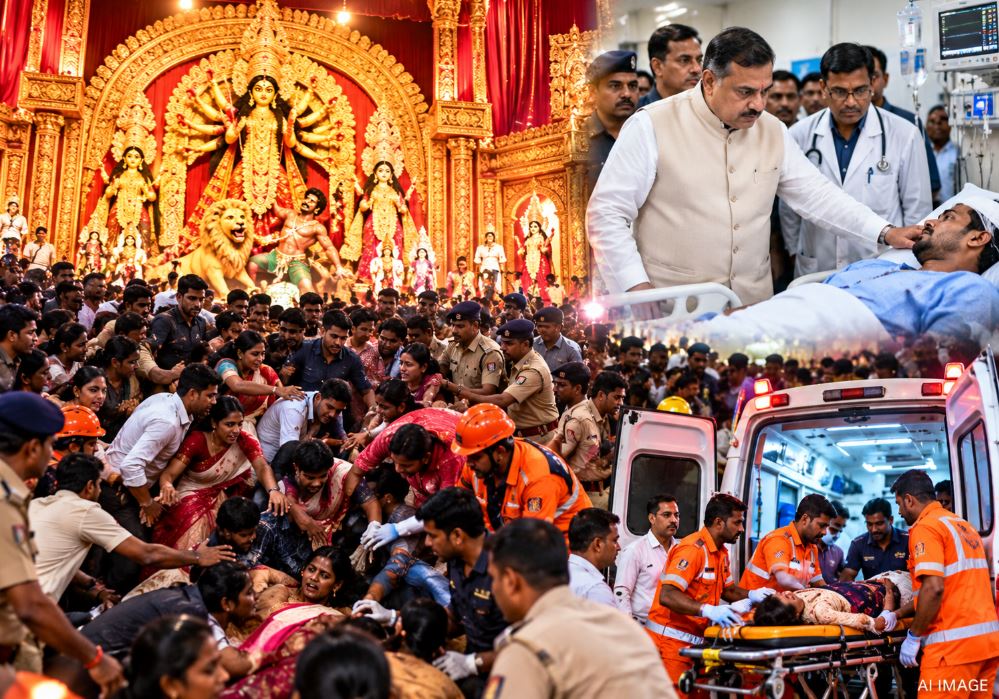 Crowded Chor Bagan Durga Puja Pandal in Kolkata where a stampede occurred.