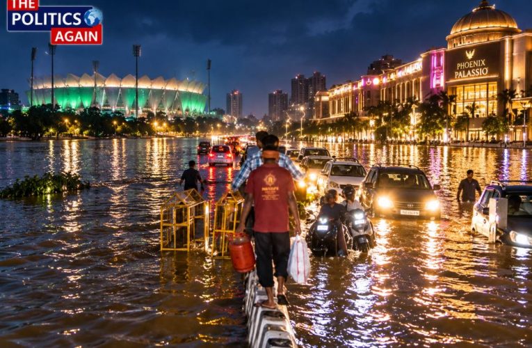 Lucknow flood rescue operation boat, village houses submerged in flood water India, urban waterlogging street, Indian villagers moving with cattle flood, Gomti river overflowing
