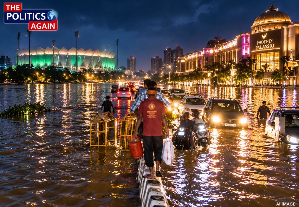 Lucknow flood rescue operation boat, village houses submerged in flood water India, urban waterlogging street, Indian villagers moving with cattle flood, Gomti river overflowing
