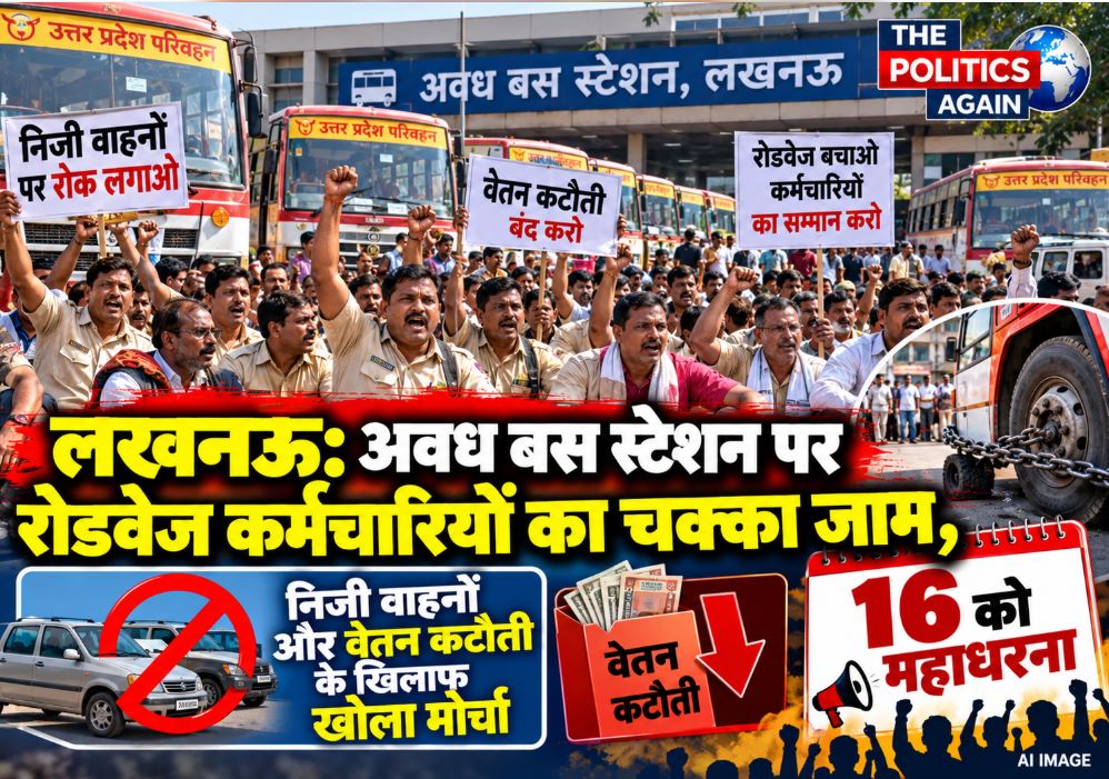 UP Roadways drivers and conductors protesting against illegal vehicles at Awadh Bus Station, Lucknow.