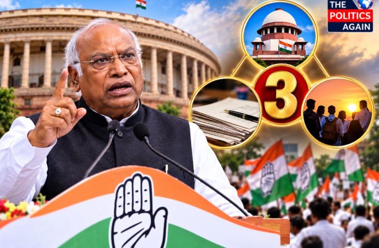 Mallikarjun Kharge addressing press conference, Indian electronic voting machine ballot box, Congress workers protesting on street, Jantar mantar protest police barricades