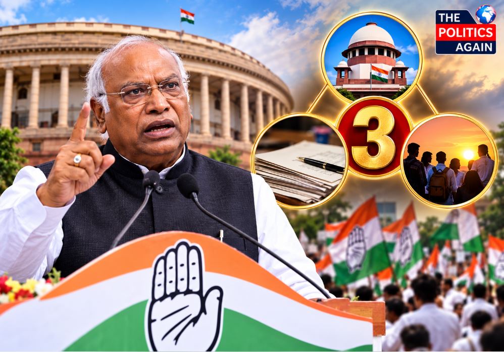 Mallikarjun Kharge addressing press conference, Indian electronic voting machine ballot box, Congress workers protesting on street, Jantar mantar protest police barricades