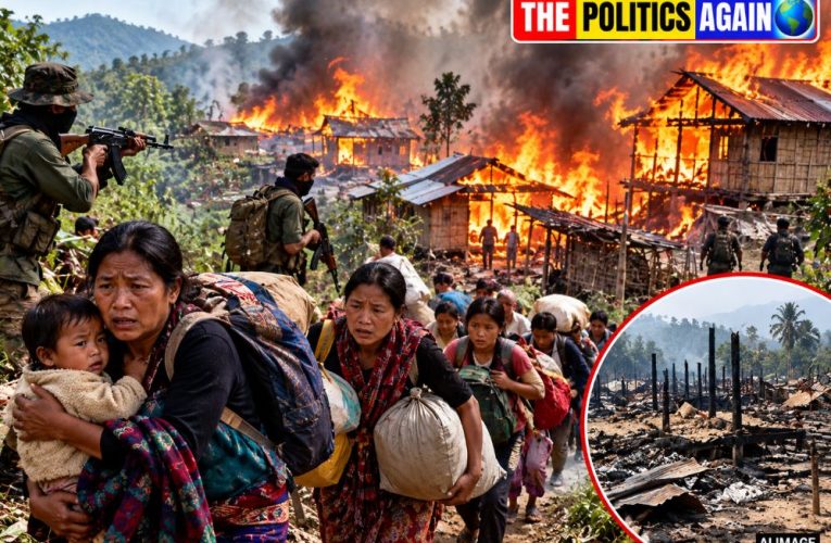Plumes of smoke rising from a village and armed security personnel deployed in Kamjong district, Manipur.
