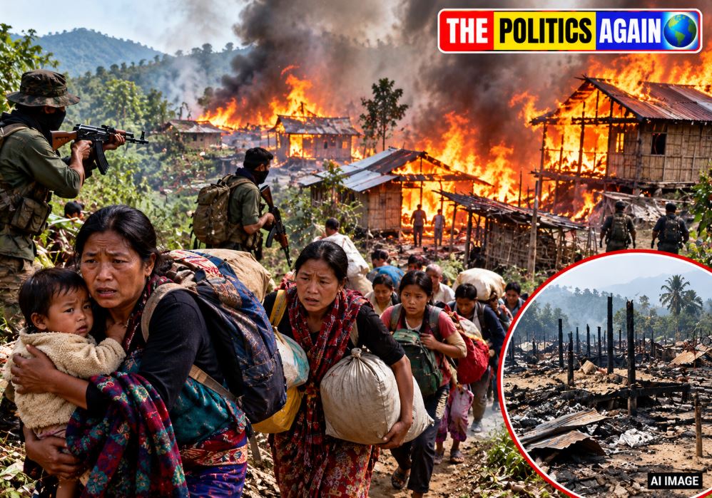 Plumes of smoke rising from a village and armed security personnel deployed in Kamjong district, Manipur.